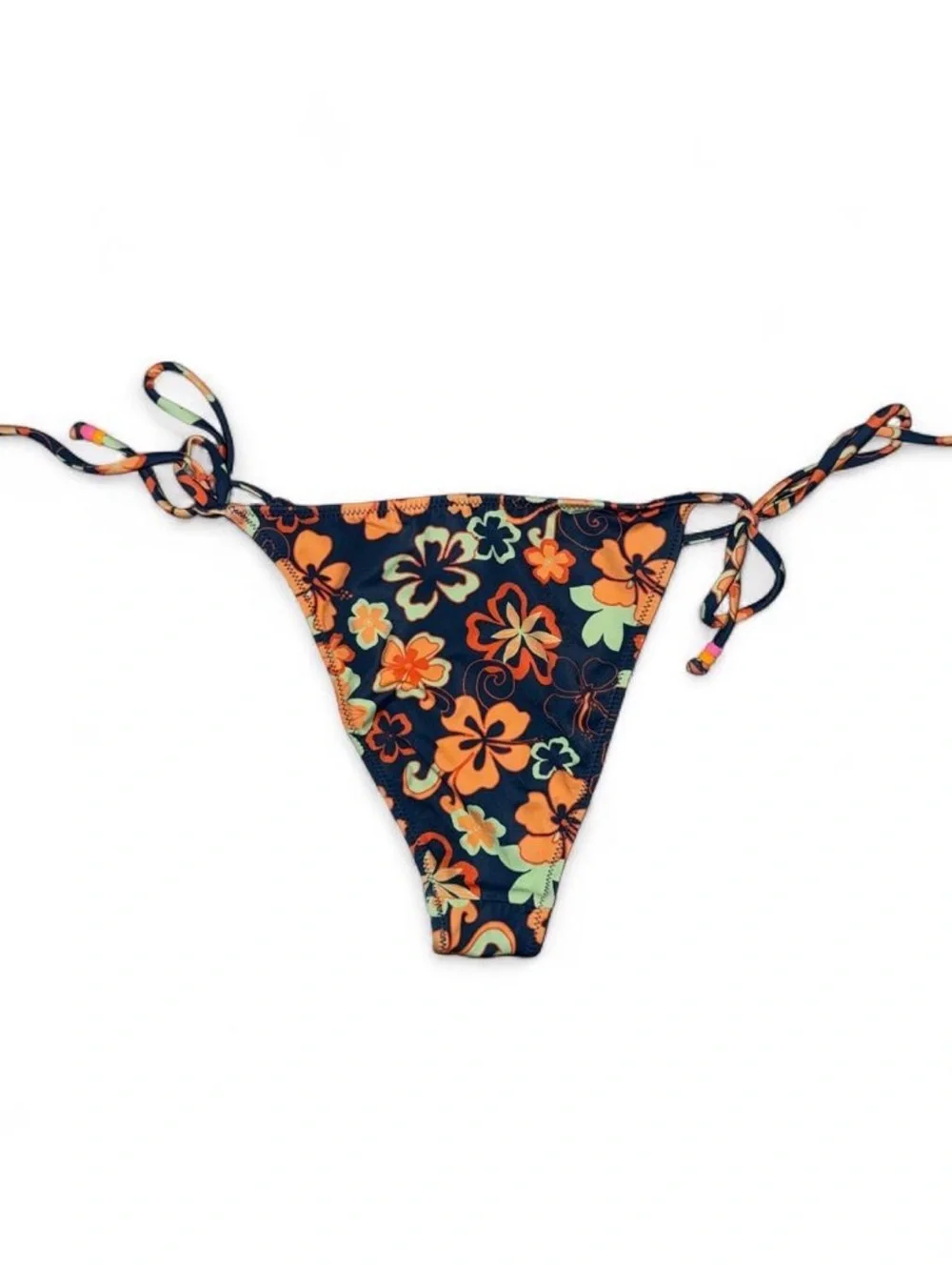Y2K PacSun Navy Floral Beaded Tie-Side Bikini Bottom with Orange & Mint Accents